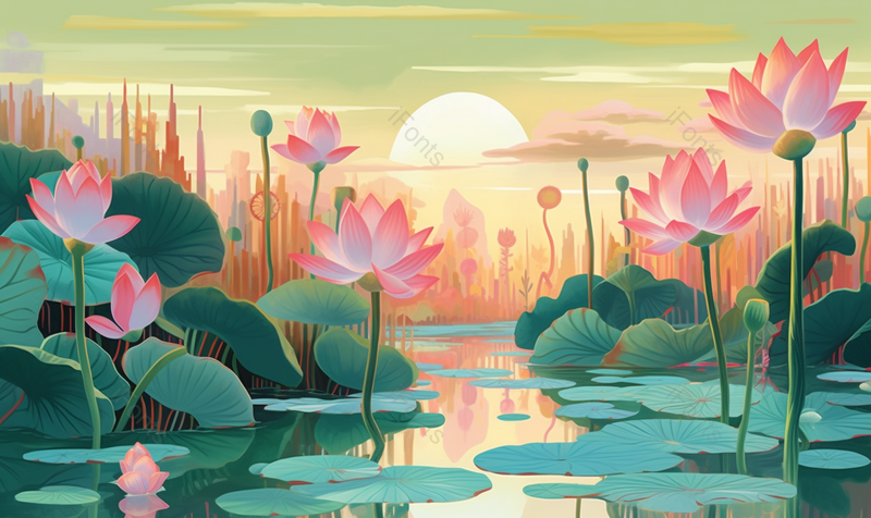绿色荷叶和盛开的荷花古典风背景,插画/手绘图,插画/手绘图库,插画/手绘图下载,插画/手绘